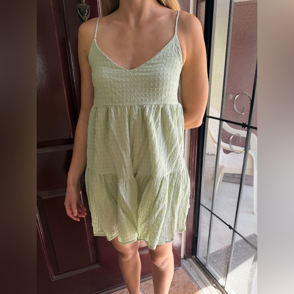 Light Green Tiered Mini Dress With V-Neck
